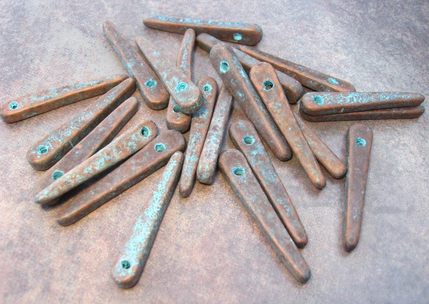 10 Mykonos Greek Ceramic Beads Green Patina Skinny Spikes