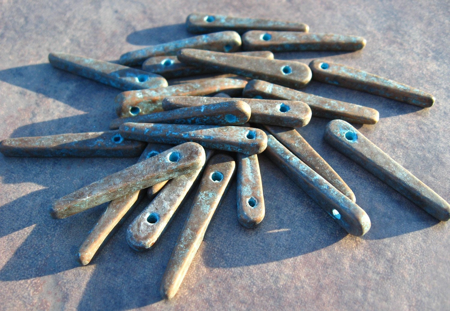 10 Mykonos Greek Ceramic Beads Green Patina Skinny Spikes
