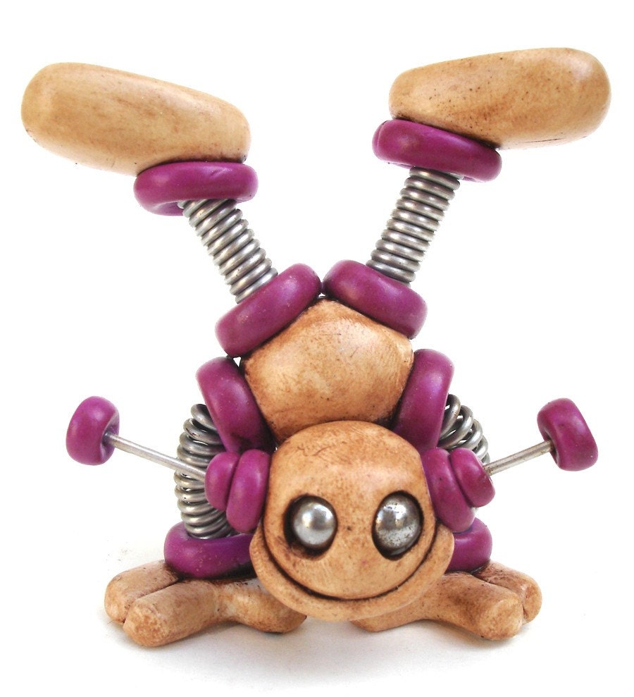 Pink Pinker Handstand Acrobat Mini Grungy Robot Sculpture - Polymer Clay, Wire, Paint