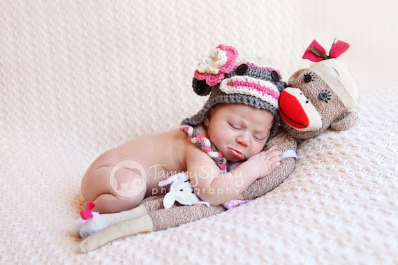Sock Monkey Hat with flower Any Size perfect for photo prop girl or boy FREE SHIPPING