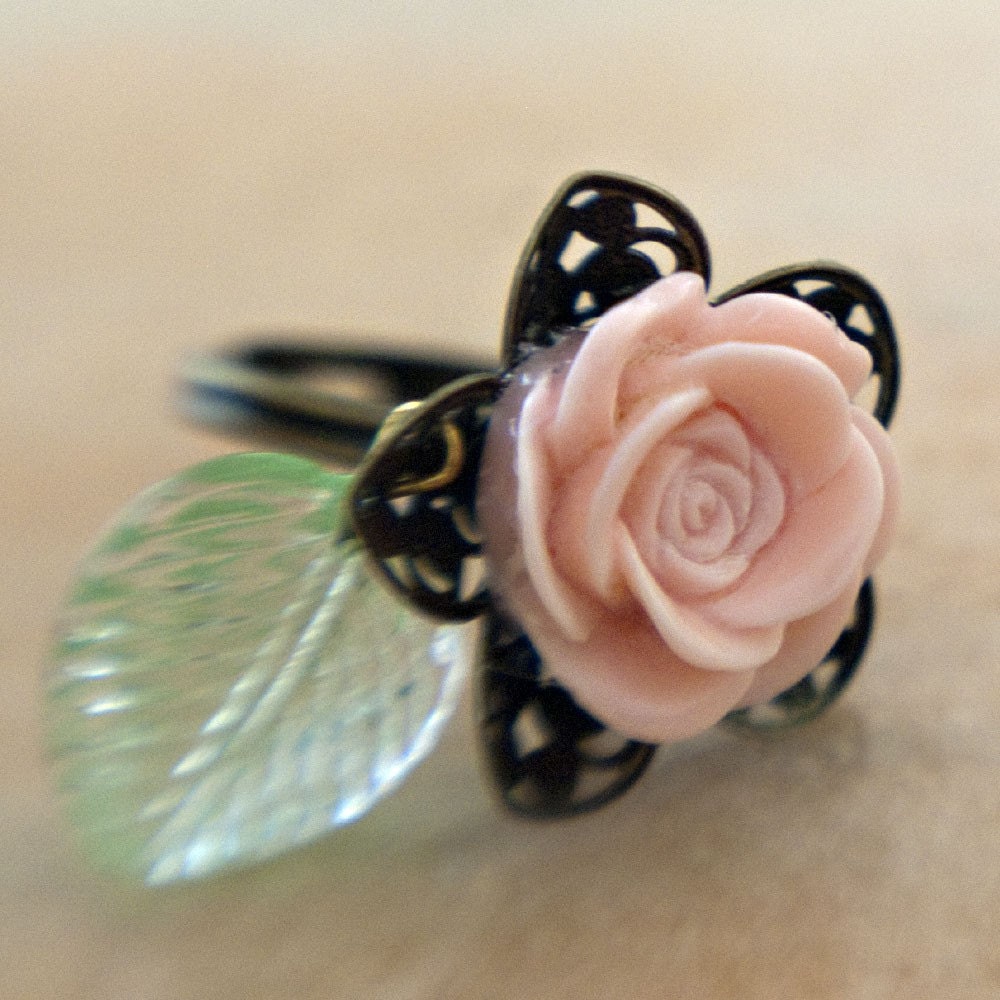 Pink Rose Adjustable Brass Filigree Ring