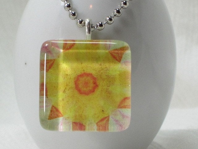 Glass Tile Pendant Necklace - Mandala - Yellow
