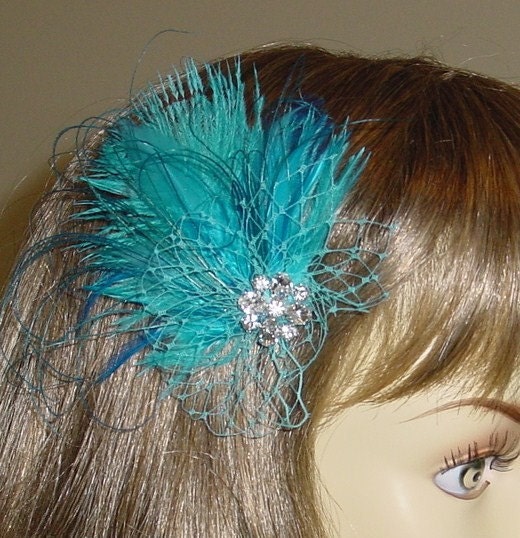 Turquoise Ostrich and Peacock Feather Wedding Fascinator Ready to Ship