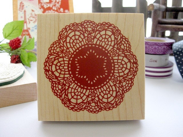 Japanese Big Doily Lace Pattern Wooden Rubber Stamp (Red)