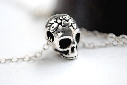 Sugar Skull Necklace Sterling Silver Pinup Day Of The Dead Dia De Los Muertos