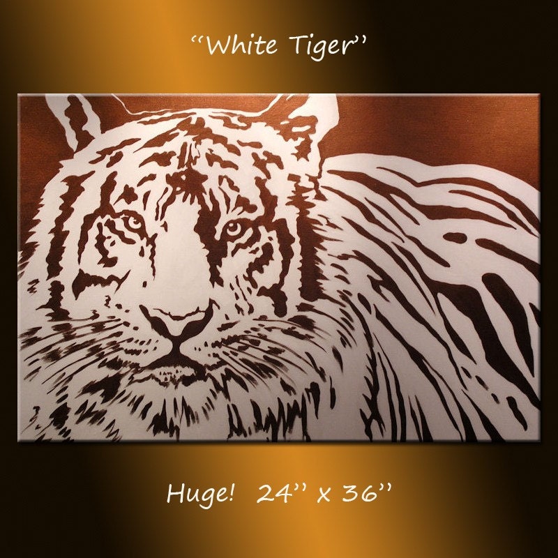 Original Large Abstract Painting Modern Contemporary Tiger .. white copper brown ... 24 x 36 ... White Tiger