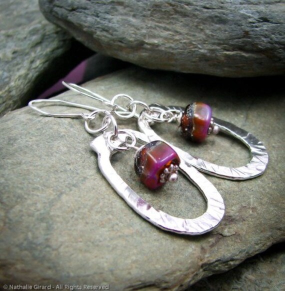 Pink Plum Amber Fine Silver Sterling Oval Earrings Textured Hoops Fused Forged Ready To Ship