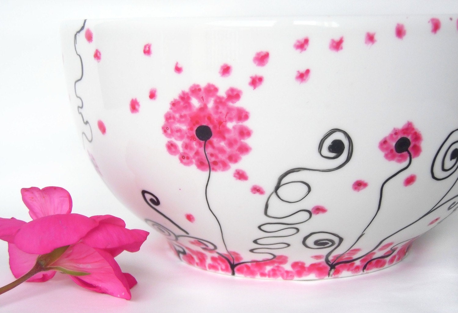 Hand painted breakfast bowl Rosy dandelion in pink, black and white flowers