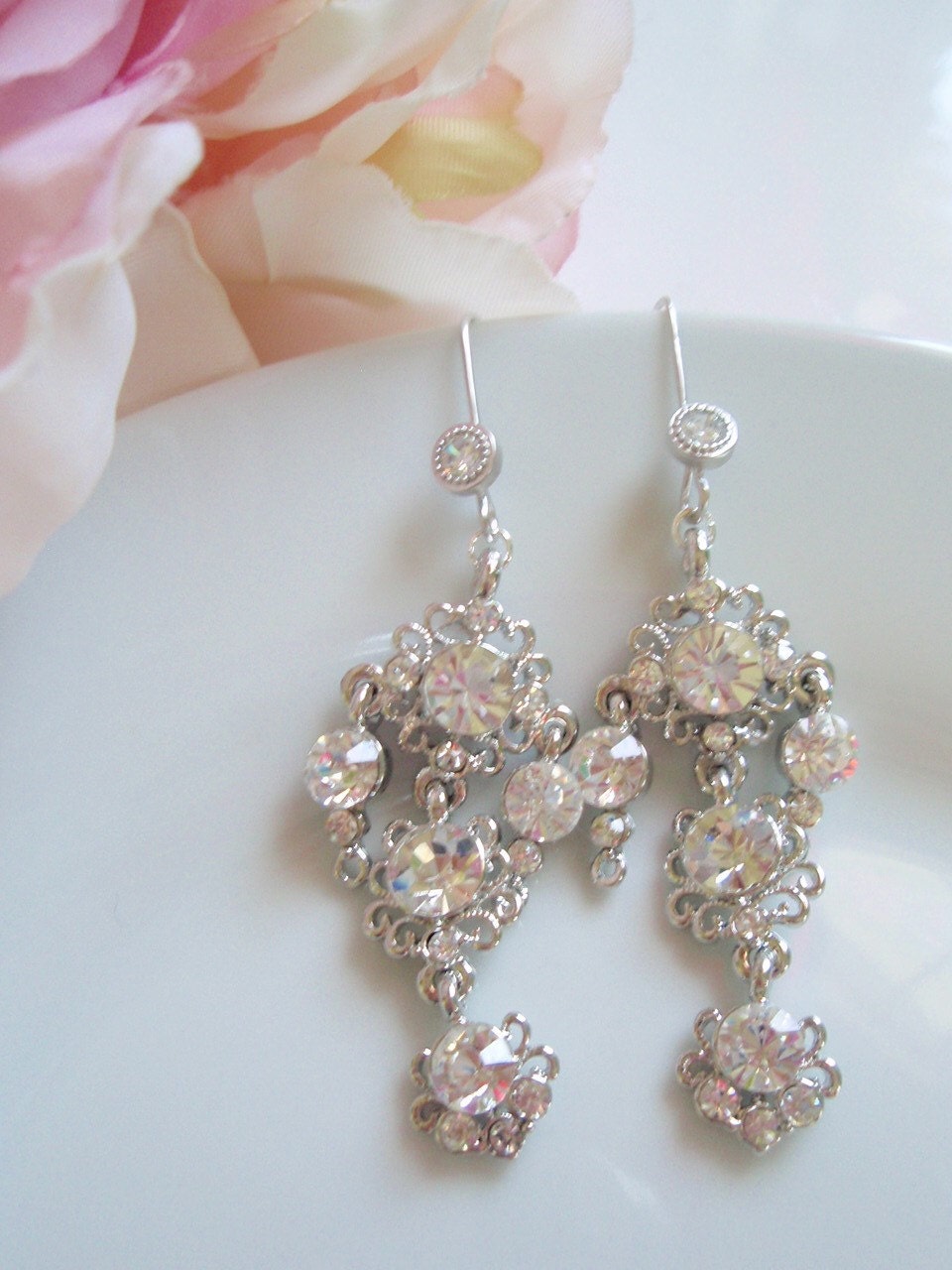 VIVIAN- White Gold and Crystal Vintage Inspired Earrings