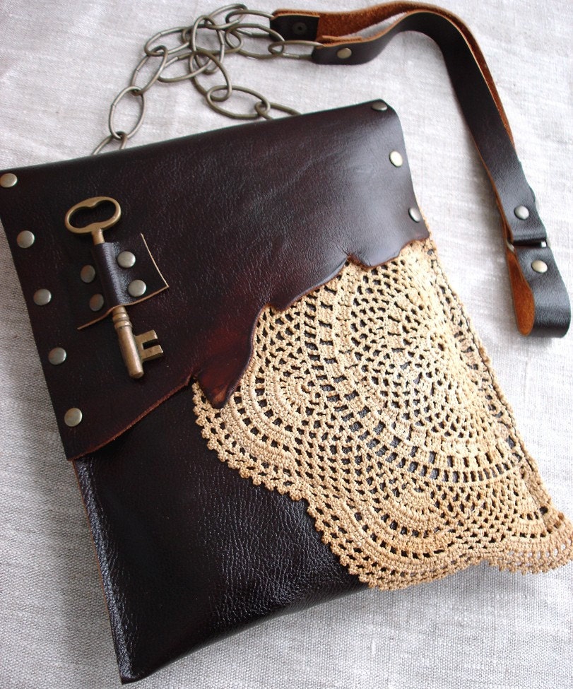 CUSTOM for CASIADK: Leather Boho Festival Granny Bag with Crochet Doily and Antique Key One Of A Kind