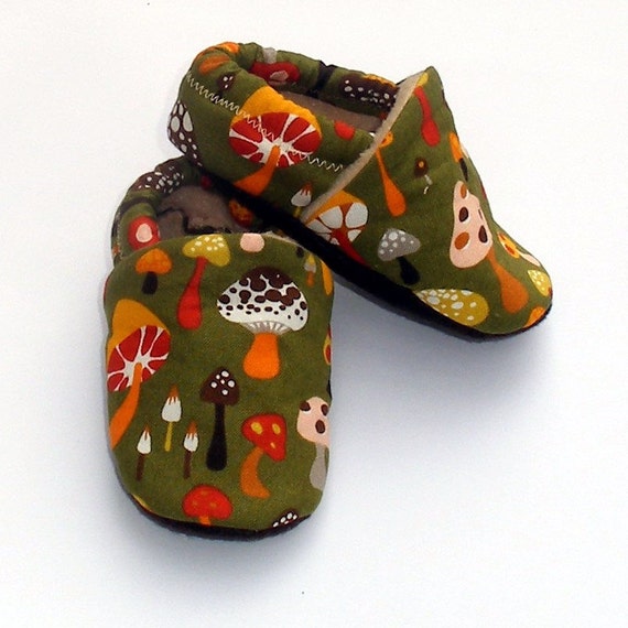 Wild Mushrooms on Forest Green Handmade Baby Shoes by Growing Up Wild- Size 0 3 6 9 12 18 24 months
