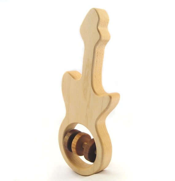 baby RATTLE wood teether - all natural wooden toy, a modern guitar, montessori play with organic finish, eco-friendly and local
