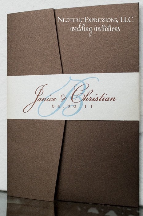 Turquoise and Chocolate Brown Pocketfold Wedding Invitation