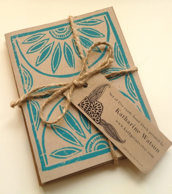 Five hand block printed cards and envelopes