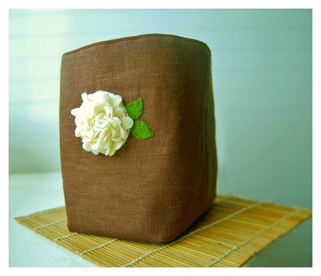box brown linen Ivory Cream Hydrangea flower Box Felt Recycled Chocolate Linen Fabric Organizer Storage Basket   Handmade elitett tagt team