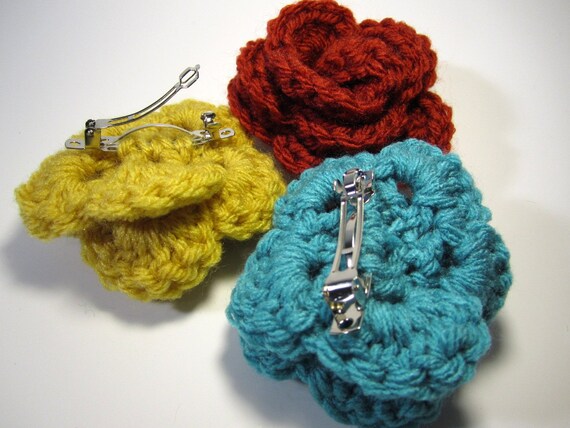 Set of 3 - Crocheted Flower Hair Clips - Any Color