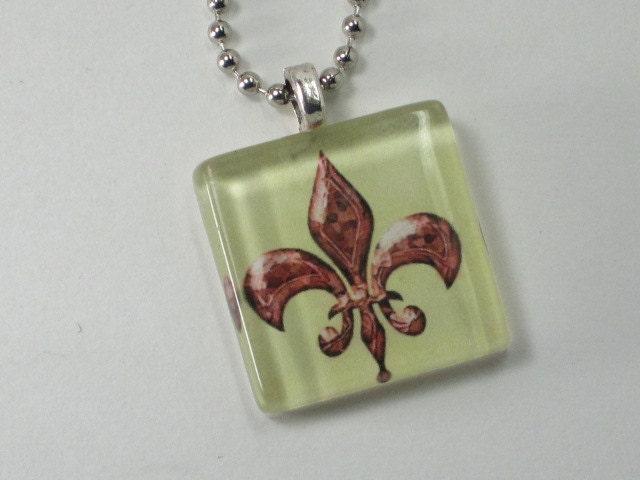 Glass Tile Pendant Necklace - Vintage Style FLEUR DE LIS