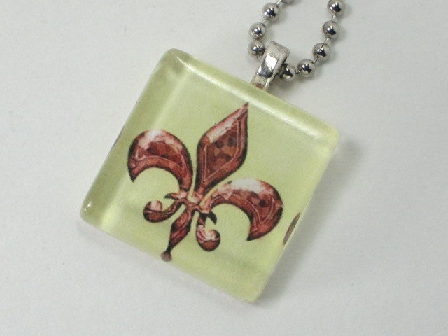 Glass Tile Pendant Necklace - Vintage Style FLEUR DE LIS