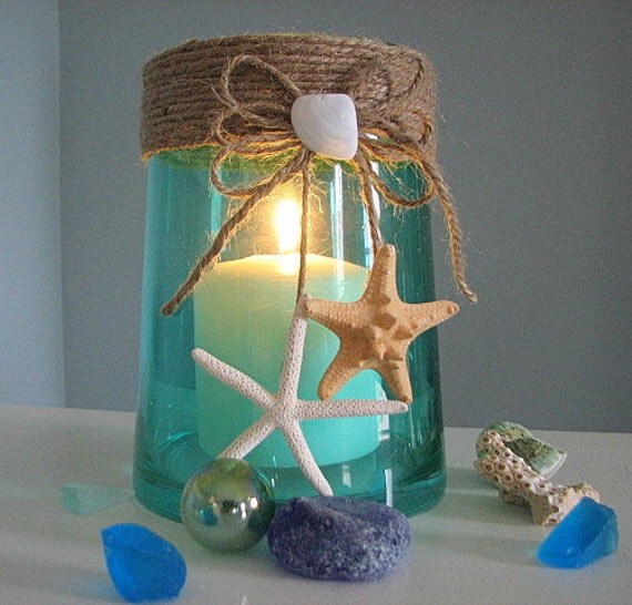 Пляж Декор ваза Shell или Свеча ураган с Starfish в зеленый, 6 дюймов