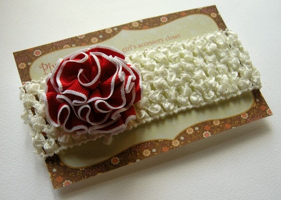 Jamie - Pretty red ruffled blossom on cream tone crochet headband