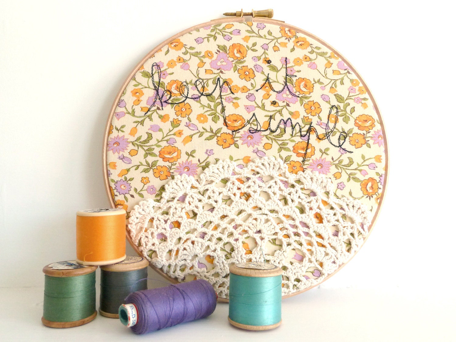 Doily Wall Art Embroidery Hoop - 'Keep it simple' in yellow and purple - 8" hoop