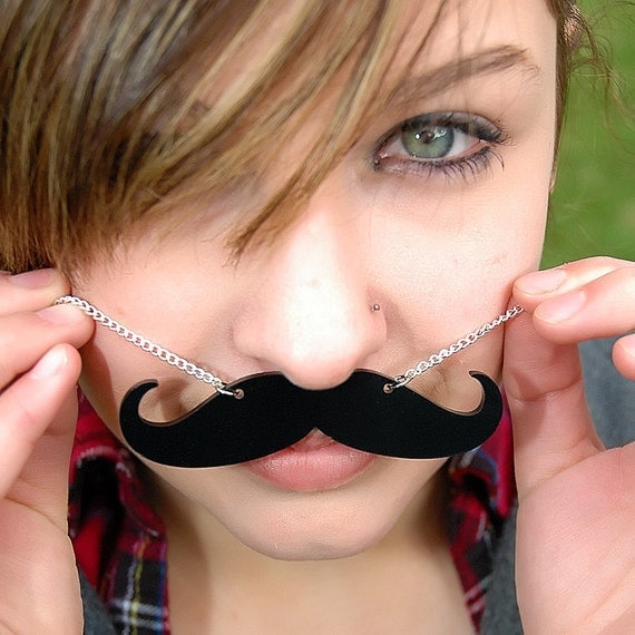Mustache Necklace - Black Acrylic Stash - 18 Inch Chain with Clasp