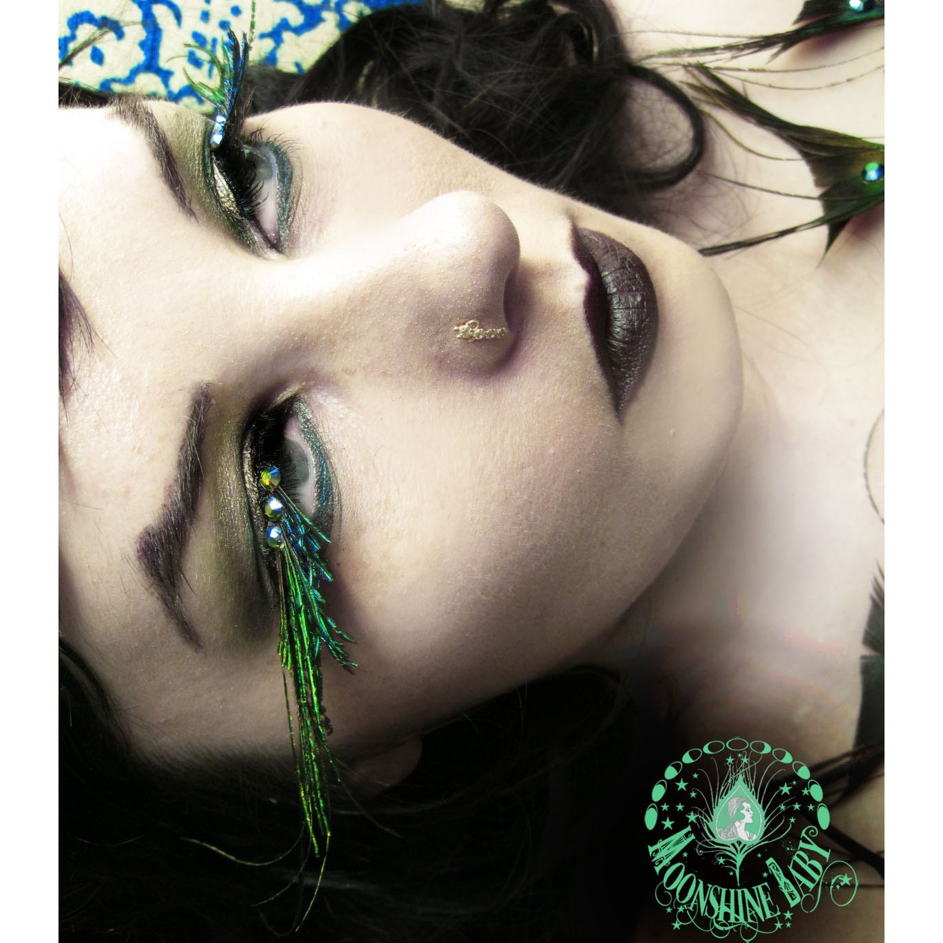 A'Flutter - Exotic Green Peacock Feather Eyelashes w/ Swarovski Crystals - By Moonshine Baby