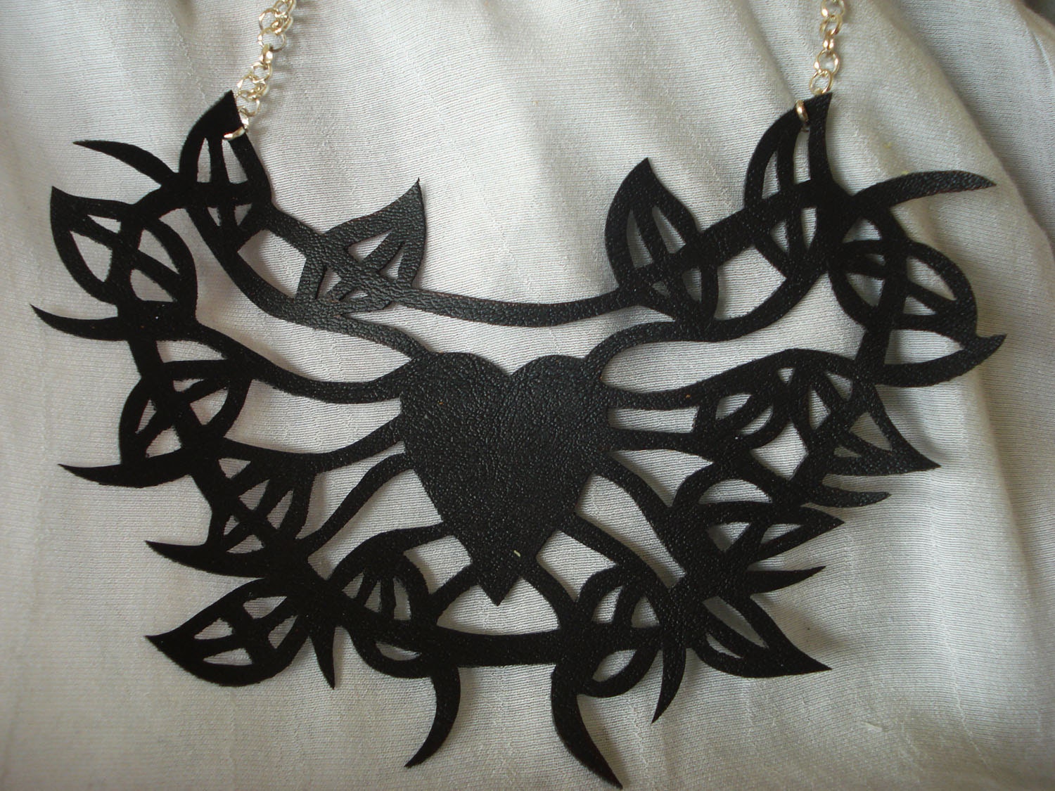 Heart & Leaves Black Pleather Necklace (Vegan)
