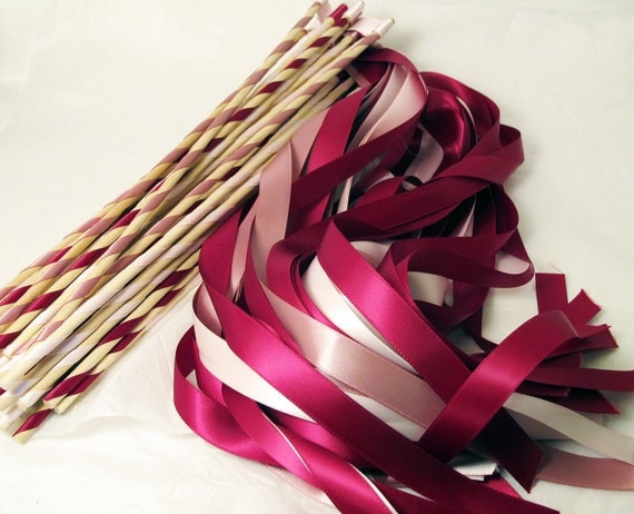 Enchanted Wedding Ribbon Wands 50 Pack IN YOUR COLORS (shown in wine, blush pink, and ivory)