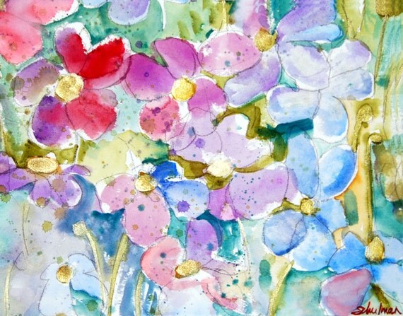 ORIGINAL Floral Landscape Painting 16x20" matted art, wildflowers with turquoise,  honeysuckle pink, emberglow coral, gold shimmer