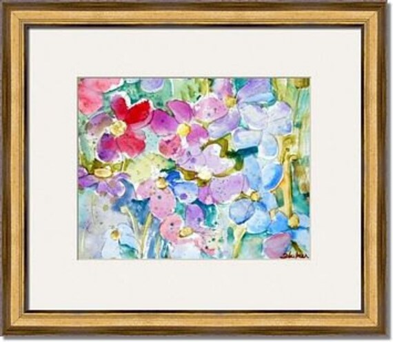 ORIGINAL Floral Landscape Painting 16x20" matted art, wildflowers with turquoise,  honeysuckle pink, emberglow coral, gold shimmer