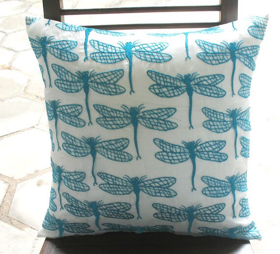 white and blue throw pillow with dragonflies 18 inch decorative cushion cover SALE
