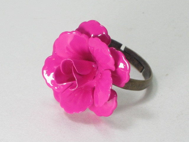Vintage Inspired Iron Flower Ring on Brass Adjustable Band - PINK ROSE