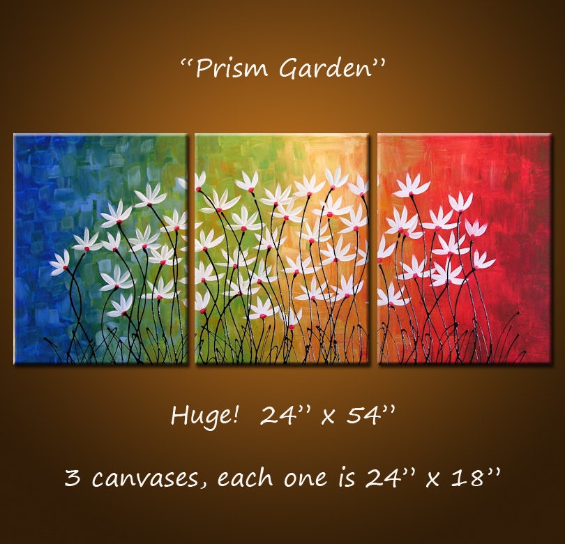 Original Large Abstract Painting Modern Contemporary Flowers .. yellow green red blue black ...24 x 54 .. Prism Garden