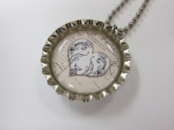 Bottlecap Necklace - Heart on Text Print