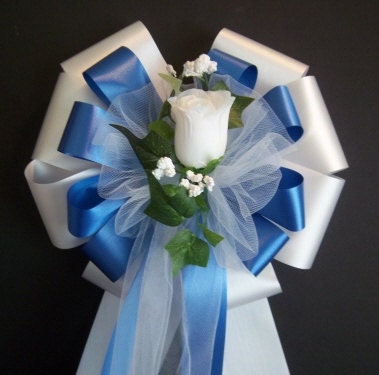 Royal Blue White Ribbon with White Rose Pew Bows Wedding Decorations