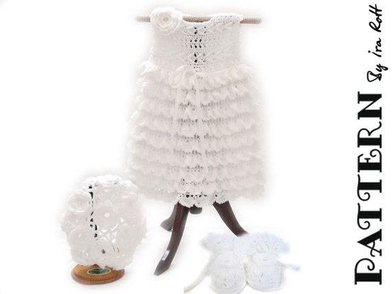 PATTERN - Christening Gown Set - Crocheted Baby Dress, Booties, Beret