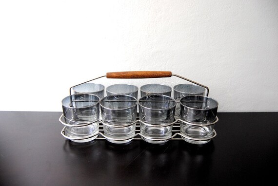 RESERVED FOR ANNAMARI Set Of 8 Vintage Mid Century Silver Cocktail Glasses Tumblers With Serving Caddy