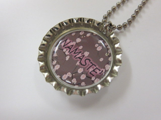 Bottlecap Necklace - Namaste on Floral Background