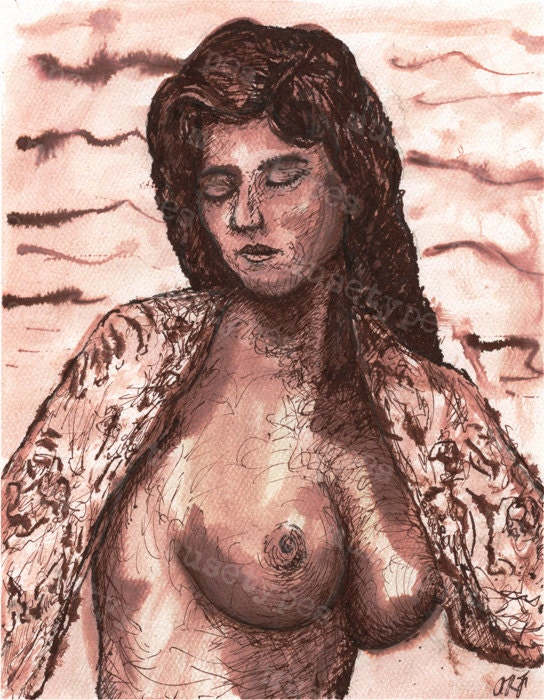 Marqueritte Print of Pen and Ink French Nude 7in x 9in From Musetypes2