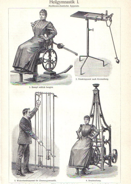 1904 Gustav Zander's Mechanotherapy, Early Gym Equipments Original Antique Engraving