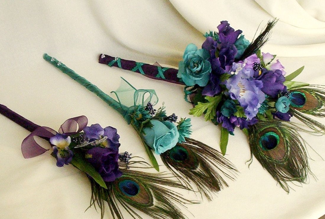 Peacock Bridal Bouquets 10 Piece Package Purple Teal Custom Deposit for