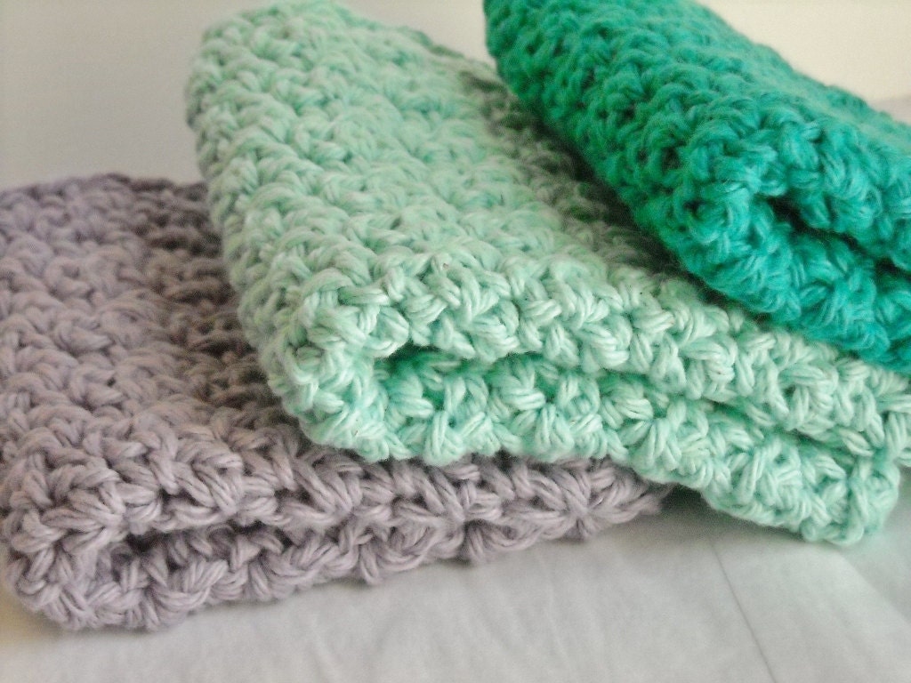 Washcloths Face Cloths Crochet Cotton Teal, Aqua, Lilac Purple Spa Color Collection Set of 3