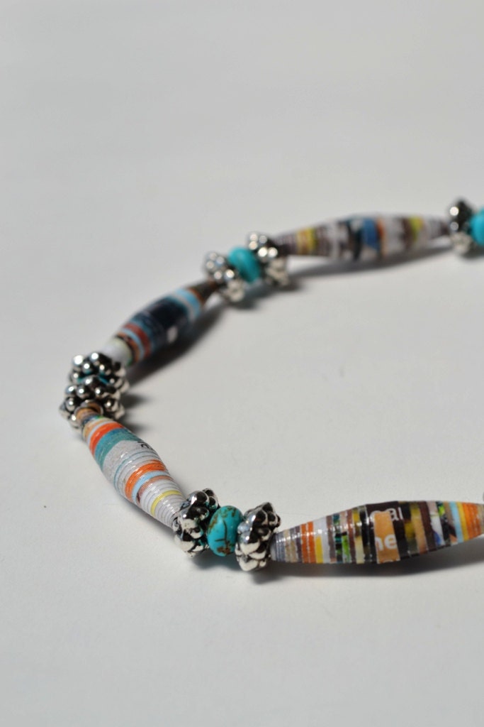 Paper Bead and Turquoise Stretch Bracelet