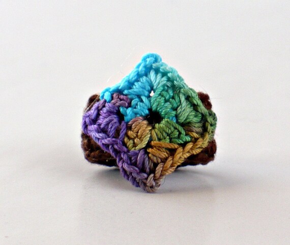Crochet Ring Diamond Shape Green Purple Teal Golden Tan with Brown Band