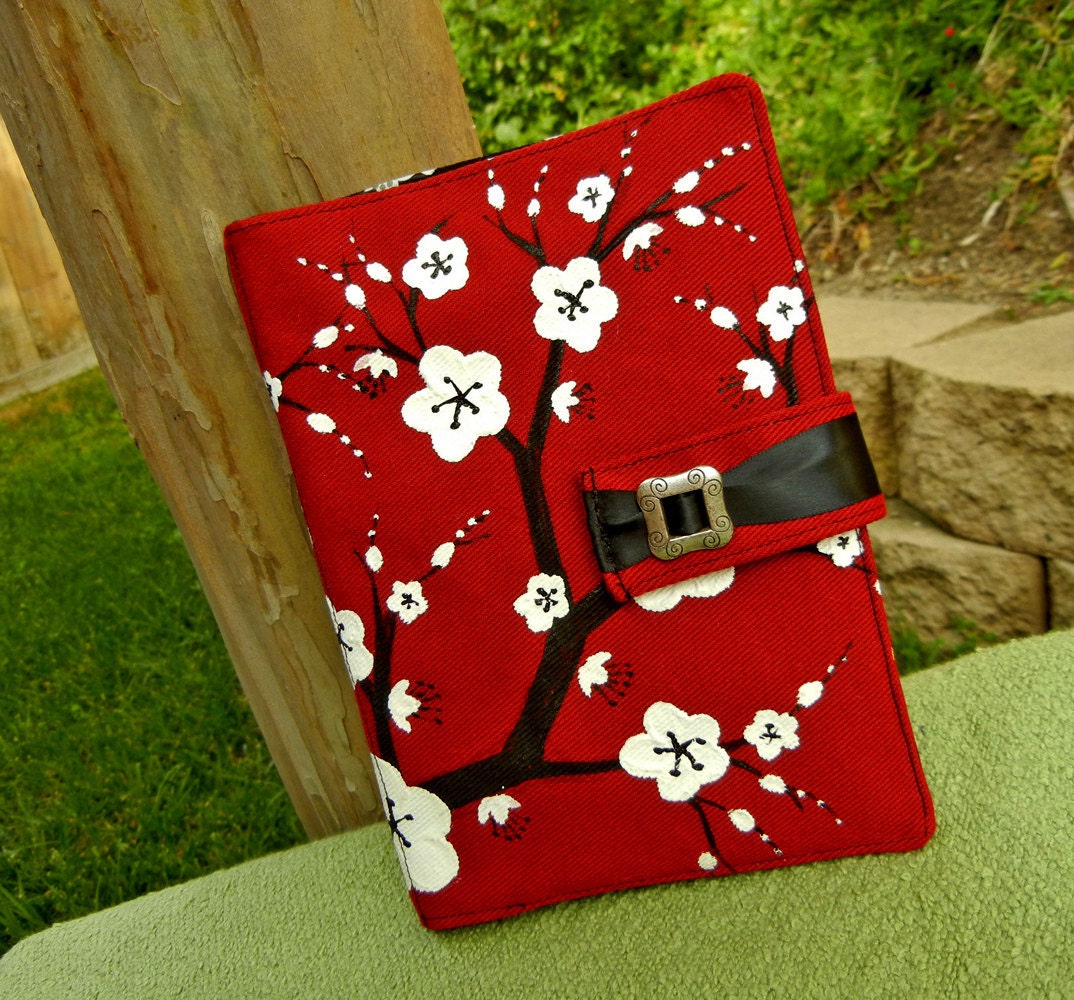 Kindle Fire Cover, Nook Cover, e-reader Cover-Red and Black Padded Book Style Cover Hand Painted with Cherry Blossoms