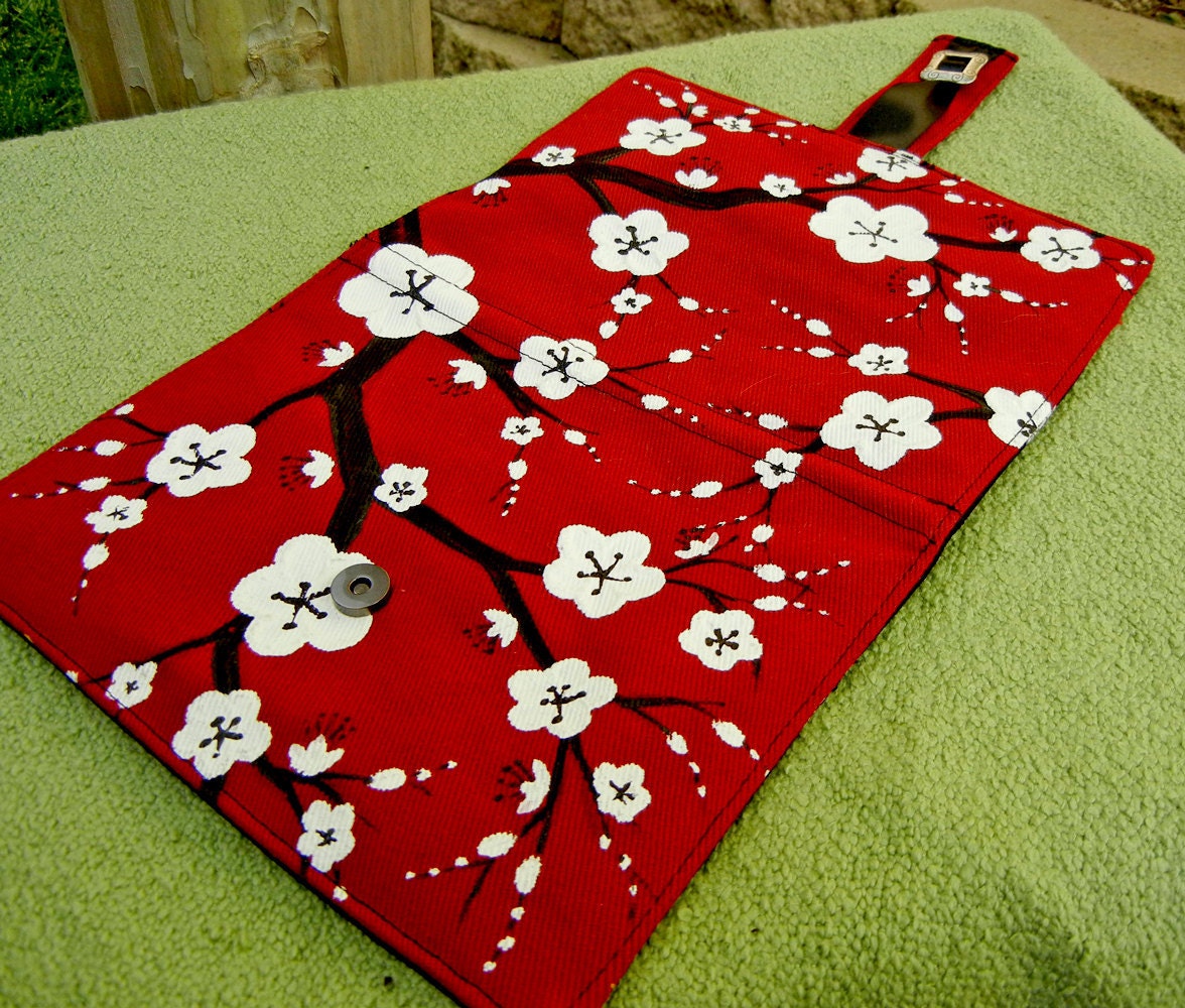 Kindle Fire Cover, Nook Cover, e-reader Cover-Red and Black Padded Book Style Cover Hand Painted with Cherry Blossoms