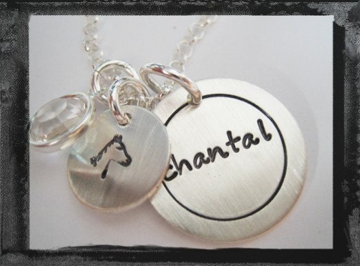 Sterling Silver Name Disc and design stamp or Sports Number Necklace with Birthstone