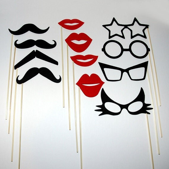 Mustache Lips And Eye Glasses on a stick - Photo Booth Mask Prop 12 Piece Set for Wedding Parties or Just for Fun - Black and Red Felt