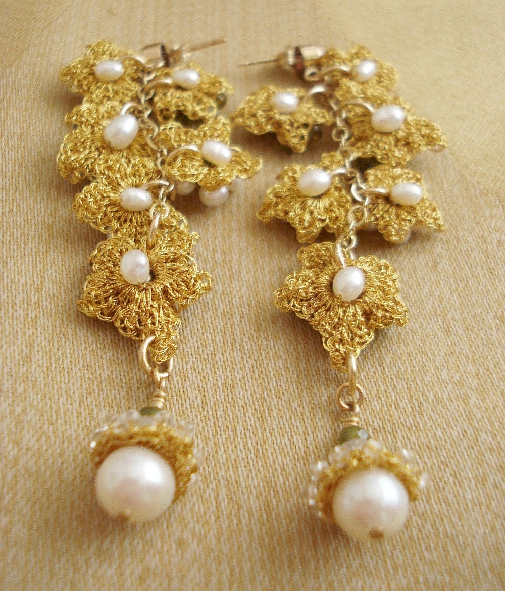 Ivy Vine Long Lace Earrings- Olive Green Vesuvianite, Freshwater Pearls, Vintage Rhinestones, Gold-fill